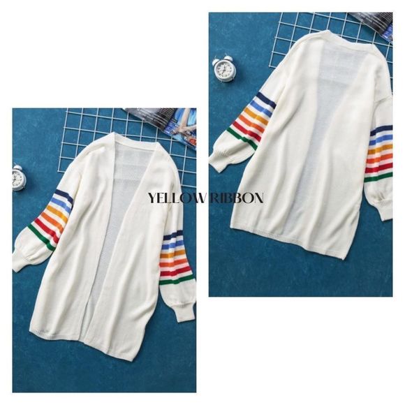 NEW Vintage 70’s 80’s White Rainbow Stripe Open Front Cardigan Sweater - Picture 4 of 8
